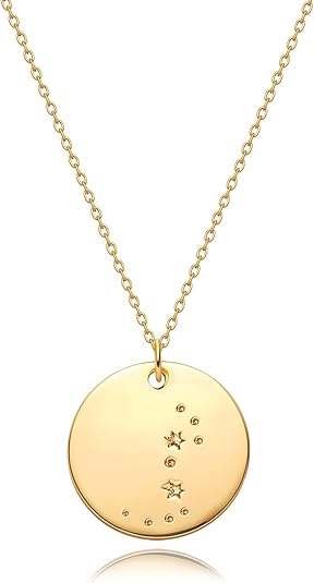 MEVECCO Gold Necklace Coin Disc Zodiac 12 Constellation Star Connected Engraved Horoscope Sign Astrology Pendant 18K Gold Plated Chain Dainty Personalized Simple Jewelry
