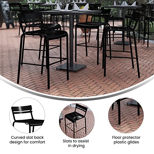 Emma + Oliver Rennes Armless Powder Coated Steel Bar Height Stool With 2 Slat Back For Indoor-Outdoor Use In Black #TOP5