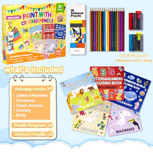Image of KIDS KING Coloring Book Kit, 5 Themes: Letters & Numbers | Animals | Ocean | Dinosaurs | Birds, Contains Colored Pencils Cute Styles for Painting, Arts & Crafts for Adults and Teens