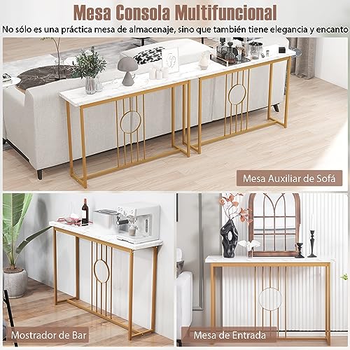 COSTWAY Mesa Consola de 120 cm, Mesa de Entrada Moderna con Tablero de Mármol Falso y Estructura de Metal Resistente, Mesa Auxiliar Larga con Marco Dorado y Patas Ajustables, Mesa de Acento Estrecha - imagen 7