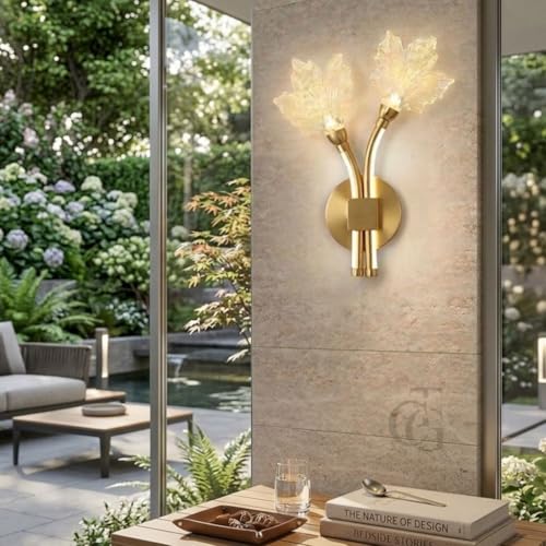 Image of Modern LED Wall Sconce Light, Dual Holly Leaf Design, Metal Base with Three Colour Illumination (Warm White, Natural White, Cool White), Indoor Decorative Lighting|Gold