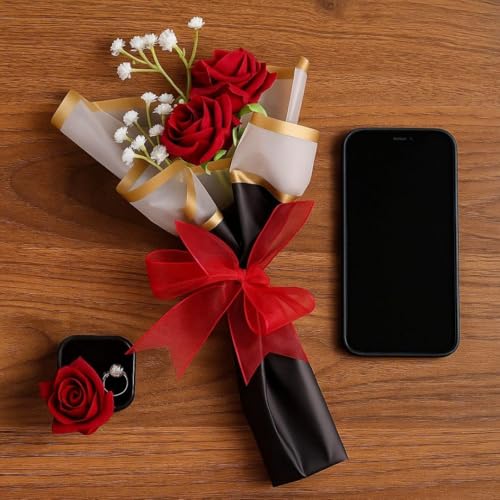 Image of SATYAM KRAFT 3 Pcs Artificial Flower Bouquet for Him Her Girlfriend Boyfriend Wife Husband | Romantic Decor for Anniversary, Wedding, Birthday, Home Decor (Rose Bouquet)