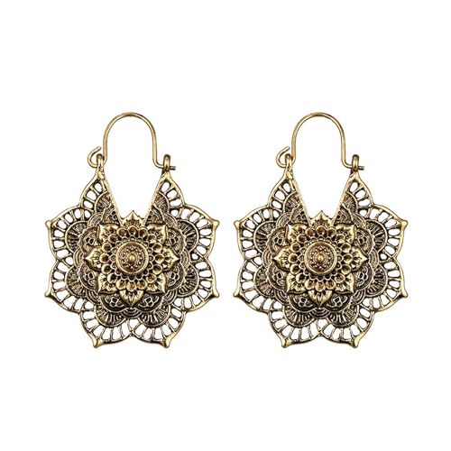 Pendientes Colgantes Bohemios, Boho Gypsy Mandala Flor Pendientes, Vintage Tribal Hueco Tallado Pendientes, Pendientes con Diseño de Flor de Mandala, Para Mujeres Y Niñas Regalos