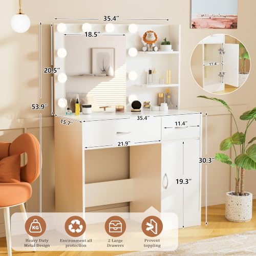 Image of LIVELYGLOW 35.4 inch White Makeup Vanity Desk with 10 Hollywood Light Bulbs | Dimmable Lighting, Large Mirror, Storage Cabinet