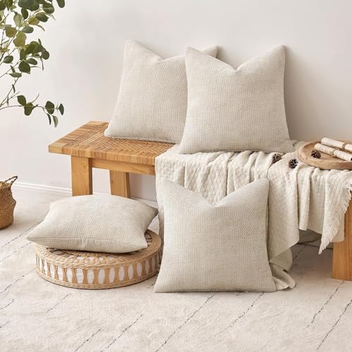 Image of MIULEE Pack of 4 Couch Throw Pillow Covers 24x24 Inch Cream Soft Decorative Chenille Pillow Covers Farmhouse Accent Cushion Covers for Boho Spring Home Decor Sofa Bedroom Living Room