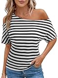 LilyCoco Womens Striped Cold Shoulder Tops Asymmetrical Short Sleeve Knit T Shirts Black Small
