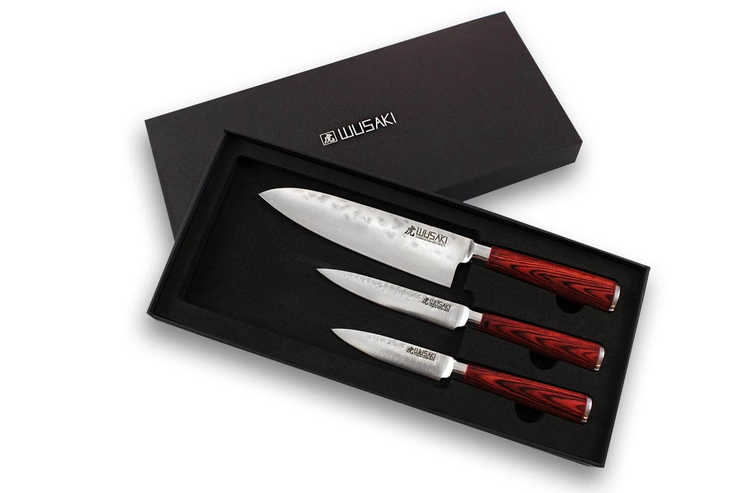Wusaki - Coffret 3 couteaux de cuisine Pakka lames martelées acier inoxydable allemand X50 bois Pakkawood Santoku + Universel + Office vendu en coffret cadeau