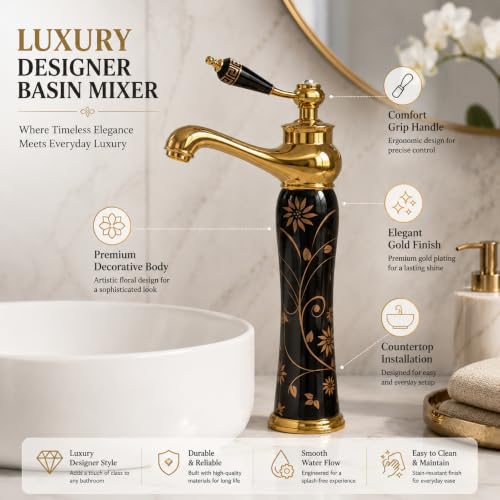 Image of Backline Basin Mixer Tap | Bathroom Basin Faucet | 12 inch Long Pillar tap for Basin | Pillar tap for Basin | Hot & Cold Basin Taps for Bathroom & Livingrooms (Black Gold)