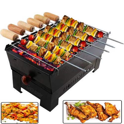 Geico-master Portable Picnic Barbeque with 6 Skewersm Wooden Handle, 1 Iron Grill (Black)