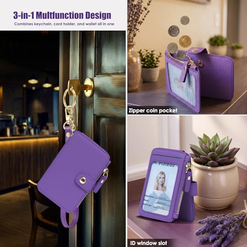 Image of M-Plateau RFID Blocking Keychain Wallet With Leather Wrist Strap | Keychain Wristlet, Womens Card Holder with Zipper Coin Pocket and ID Window (Purple)