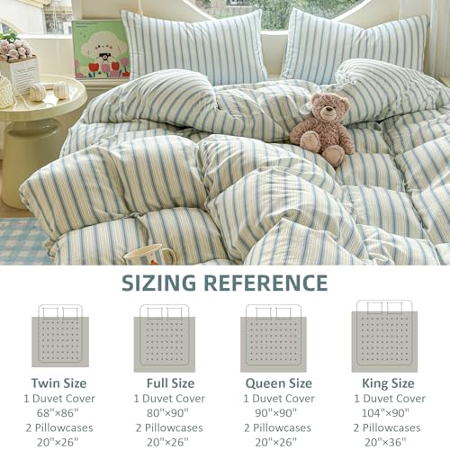 Image of EAVD Vintage Striped Duvet Cover Queen Soft 100% Muslin Cotton Linen Feel Gauze Farmhouse Blue Vertical Striped Pattern Bedding Set for Men Women Reversible Geometric Duvet Cover with Zipper Closure