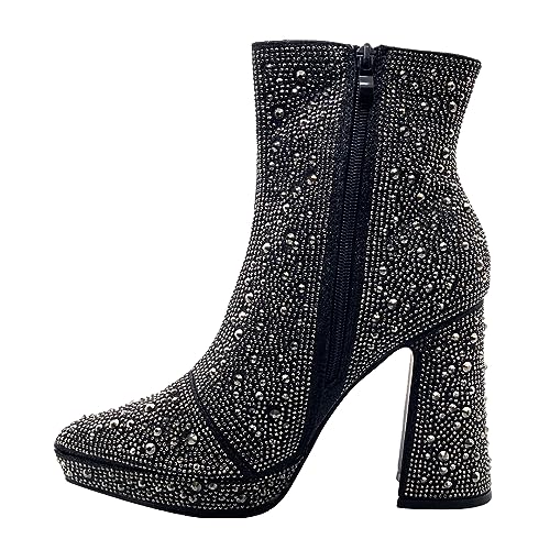 ABSOLEX Women Pointed Toe Rhinestone Platform Ankle High Chunky Block High Heel Bootie4
