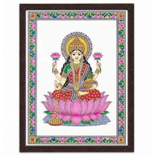 Image of PAPER PAJAMA Goddess Lakshmi Vastu Wall Art for Living Room | Madhubani Lakshmi Mata Painting on Lotus | Traditional Mithila Religious Framed Decor for Home, Office & Pooja Room (10x13 Inches)