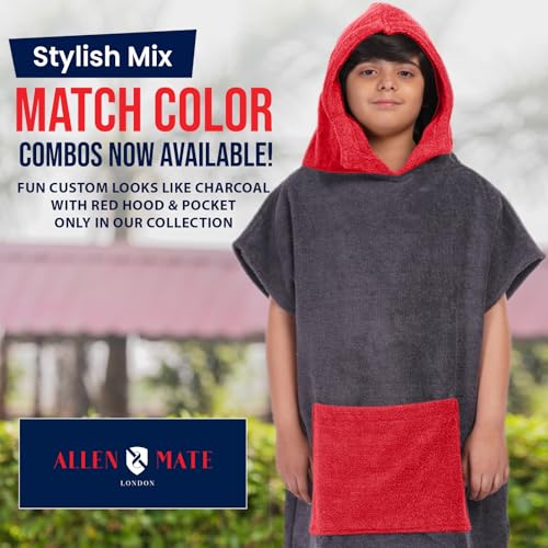 Image of ALLEN & MATE 100% Cotton Kids Hooded Surf Poncho Changing Robe, Quick Absorbent Wearable Swim Towel Boys & Girls, 6-13 Years