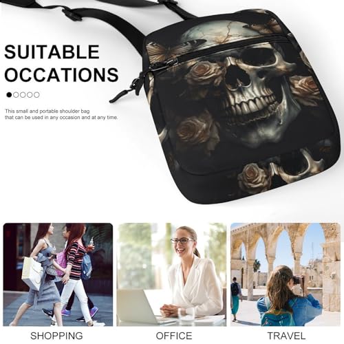 Satchel Tote Bag Messenger Bag Skull with Roses And Butterflies Printed Mini Sling Bag Purse Suitable for Work Travel4