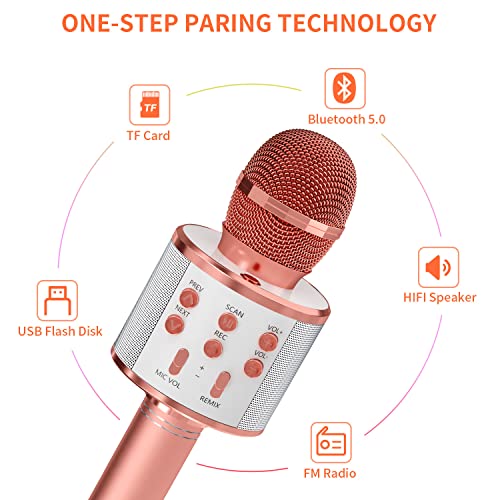 GIFTMIC Kids Microphone for Singing, Wireless Bluetooth Karaoke Microphone for Adults, Portable Handheld Karaoke Machine, Toys for Boys and Girls Gift for Birthday Party (Rose Gold) - Thumbnail 2