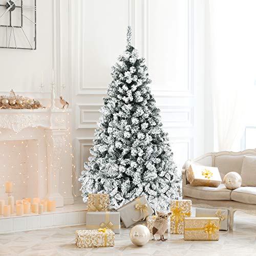 COSTWAY 6 FT Pre-Lit Christmas Tree, Snow Flocked Hinged Xmas Tree with 600 Branches Tips & 250 LED Lights, Metal Stand, Artificial Pine Lighted Holiday Tree for Home Office Decorations