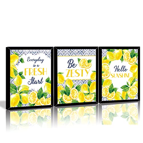 Hlniuc Lemon Signs Art Prints,Framed Inspirational Blue&Yellow Lemon Pictures Set Of 3(8”X10”,Framed), Fruit Signs Botanical Poster Modern Lemon Wall Art For Kitchen Bedroom Lemon Kitchen Set Decor #TOP21