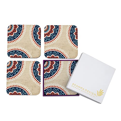 Image of Wooden Coaster Set with Gift Box | Mandala Vintage Design | Set of 4 Tabletop Square Coasters 3.75 inch x 3.75 inch | Kitchen Table Wooden Decorative Items | for Cups, Mugs, Cans, Glasses