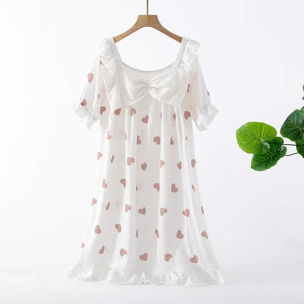 Camicia Da Notte Donna - Abito Lungo Estivo Da Donna A Maniche Corte Camicia Da Notte In Cotone Crêpe Sciolto Per La Casa Fiocco Carino Amore Abito Gonna Per La Casa Indumenti Da Notte Da Donna