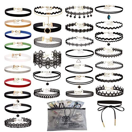 56 PCS Choker Necklace, K&Q Classic Colorful Gothic Collar Choker Necklace And Black Cute Lace Velvet Choker Necklace Set for Girls and Women