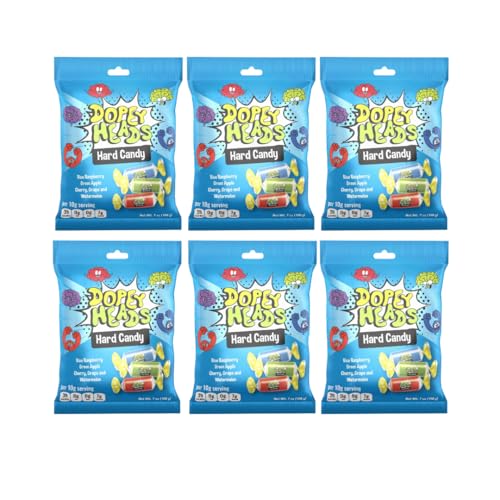 Dopey Heads | HALAL | Assorted Hard Candy | Five Flavours | Blue Raspberry | Apple | Cherry | Grape | Watermelon | Pack of 6 | Weight 198g (7 oz) Each (Assorted Hard Candy)