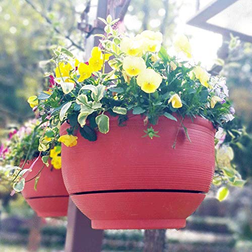 Vencer Set Of 2 Metal Hanging Planter Imitation Ceramic Plastic Flowerpot 9.3 Inch Water Permeable Type,Round Shape,Brick Red,Vf-075R #TOP4