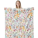 Whaline Floral Fuzzy Blanket Watercolor Flower Throw Blanket Colorful Wildflower Soft Cozy Flannel Blanket for Home Bed Sofa Couch Chair, 50 x 60 Inch