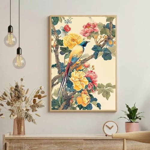 Peinture murale fleurs et oiseaux sur toile vintage pour créer un salon cosy et coloré
