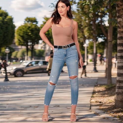 Women Leather Belt, Reversible Belt, Leather Waist Belt for Jeans Dress with Gold Double O Ring Rotate Buckle