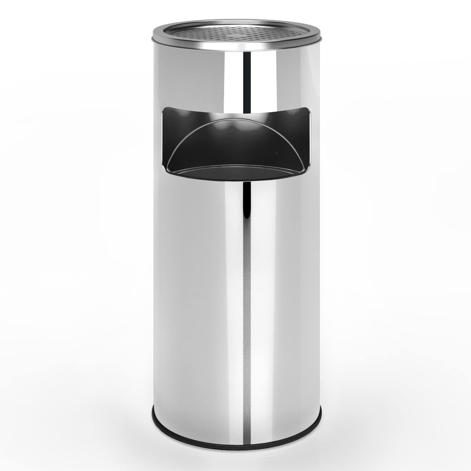 Pattumiera 30L In Acciaio Inox Con Posacenere, A Pedale, Rotonda – Per Esterni E Interni, Nera
