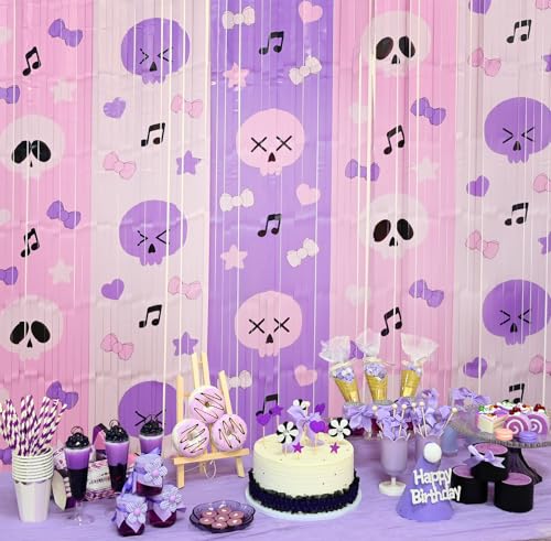 Image of Bupelo Kawaii Birthday Decorations, 2 Pack Purple and Light Pink Birthday Party Supplies 3.3 x 6.6ft Tinsel Foil Fringe Curtains Photo Booth Props Backdrop Streamers, Dark Cute House Room Decor