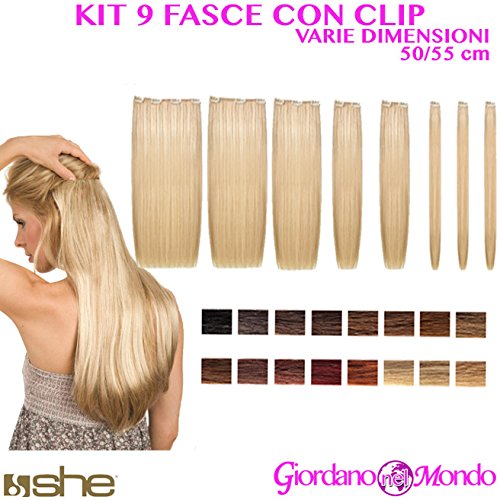  EXTENSION CAPELLI VERI CON CLIP LUNGHE 50/55 cm KIT DA 9 FASCE 100% CAPELLI NATURALI SHE (VARIE COLORAZIONI) …