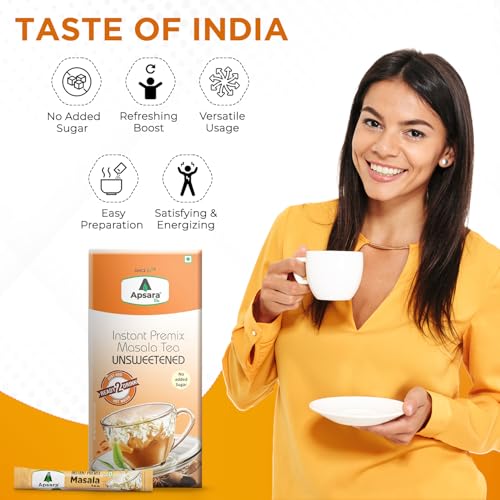 Image of APSARA Instant Tea Premix Unsweetened Masala Tea 10 Sachets | Ready To Drink Sugar Free Chai | Enriched with Ginger, Cardamom, Pepper, and Indian Spices, No Added Sugar Chai, On the Go Tea