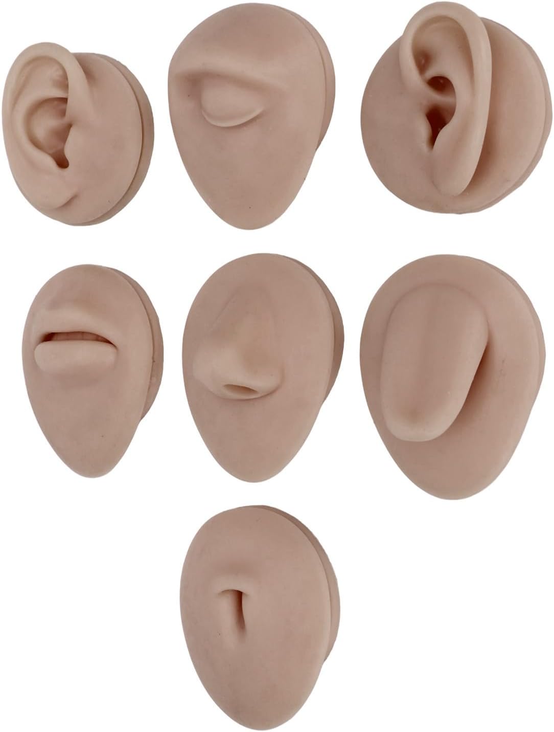 Silicone Piercing Body Model, Soft Silicone Ear Mouth Nose Eye Tongue Navel Model with Display Rack for Piercing Practice, Body Part Model (Dark Skin Colour)