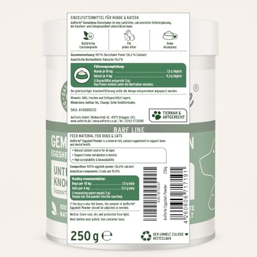 AniForte Eierschalenpulver für Hunde & Katzen 250 g – Natürliche Kalzium Quelle, Unterstützt Knochen & Zähne, Eierschalen Pulver zum Barfen, Calcium für Hunde, hohe Bio Verfügbarkeit