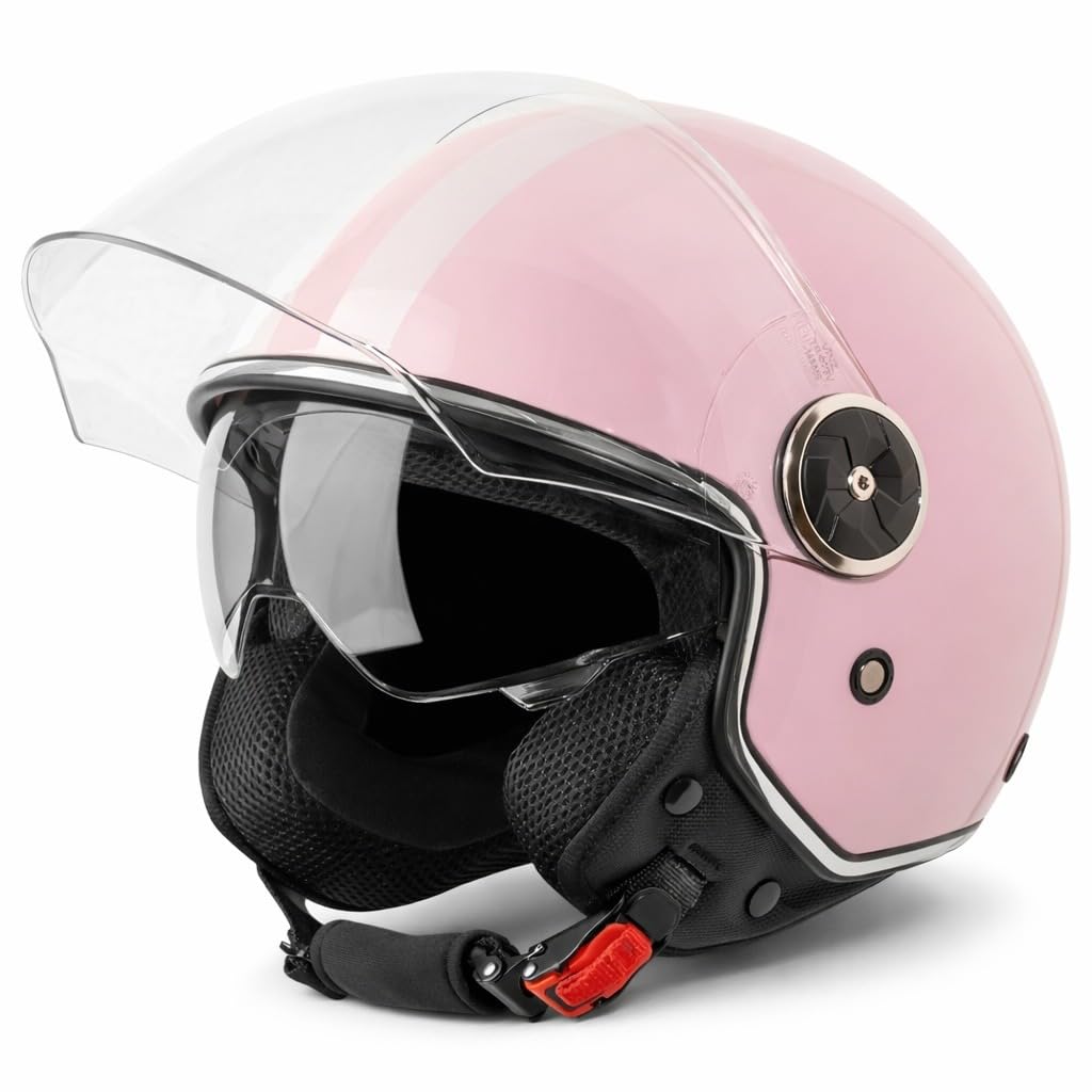 VINZ Arenas Jethelm mit Doppelvisier | Roller Helm mit Streifen & mit Sonnenblende | In Gr. XS-XXL | ECE 22.06 Zertifiziert | Motorradhelm mit Visier | Viele Farben Erhältlich - Rosa