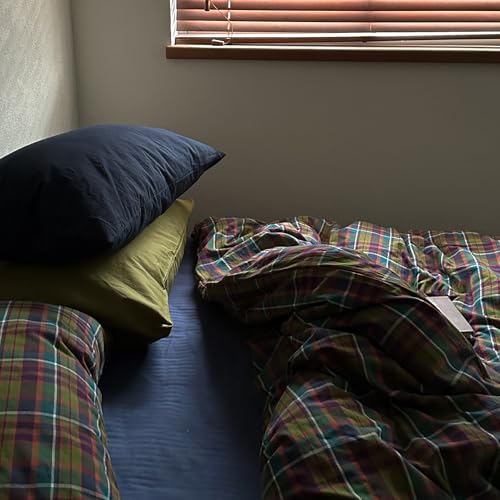 Image of VM VOUGEMARKET Neutral Multicolor Plaid Washed Cotton Duvet Cover Queen,Vintage Green & Purple Gingham Tartan Bedding Set for Modern & Rustic Bedrooms(90 inchx90 inch)