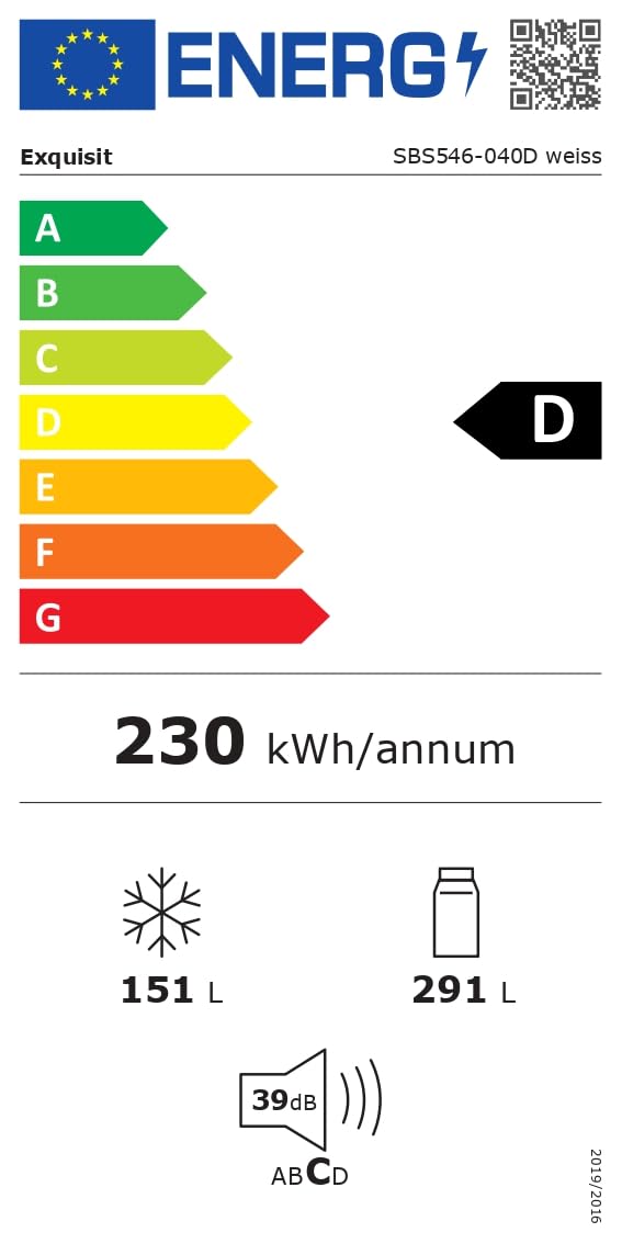 Exquisit SBS546-040D Side-by-Side Kühlschrank, 442 L, No Frost, Weiss | Freistehende Kühl-Gefrierkombination mit Energieklasse D, 39 dB leisem Betrieb, Schnellgefrierfunktion und LED-Display