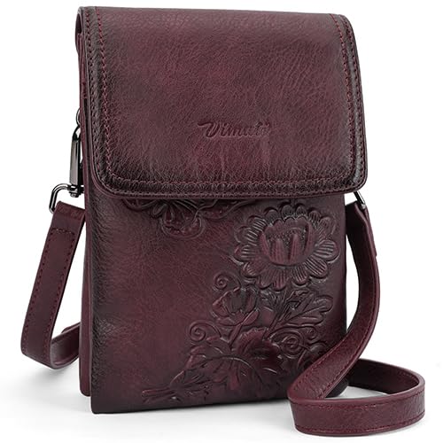 Image of Small Crossbody Bags for Women Trendy Vegan Leather Cell Phone Bag Embossed Flower Design Wallet Purses with Strap