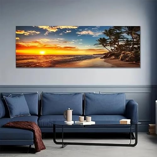 IHHGNB Lazy Beach Sunset Scenery Canvas Art Prints Poster Palm Tree Wall Art Painting Nordic Style Art Living Room Office Decor(50x150cm(20x59in)/No frame)
