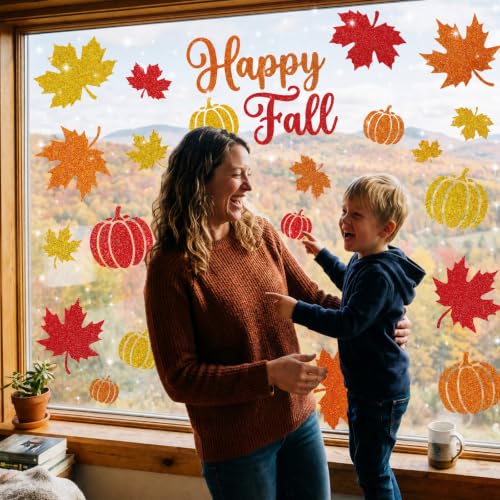 Image of 6 Sheets Fall Window Clings Decor, Glitter Maple Leaf Pumpkin Window Decals | Thanksgiving Window Stickers with Sparkling Powder, Happy Fall Decorations for Home Office School Classroom Indoor Party