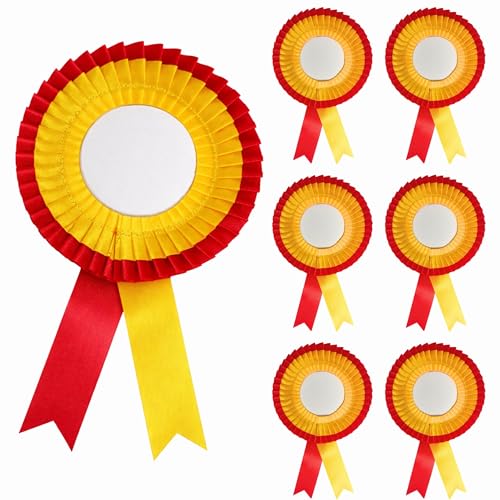 Image of NEXGEN Trends Double Line Satin Award Badge for School Sports Day, Annual Day & Prize Distribution | Premium Ribbon Badge with Safety Pin | Pack of 10 (Red-Yellow)