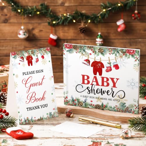 Image of Fuyoooo 27 Pcs Christmas Baby Shower Guest Book Gold Pen Photo Corner