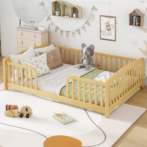 Bellemave Full Size Floor Bed with Fence and Rounded Corner Design, Full Size Montessori Bed with Safety Rails and Central Entrance, Easy Assemble Montessori Beds Frame, Natural by Bellemave - Image 4