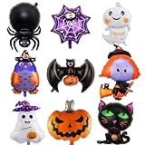 Globos Aluminio Halloween, 9 Piezas XXL Murciélagos Brujas Fantasmas Arañas Globos de helio con Forma de Calabaza Búho, Globo Gigantes de Telaraña para Fiestas Decoraciones Halloween Regalo.