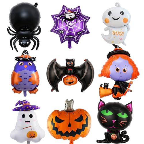 Ballons en Aluminium Halloween, 9 Pièces XXL chauves-souris Sorcières Fantômes Araignées Citrouilles Hiboux, Ballons à Hélium Géants en Toile d'araignée pour Décorations d'Halloween Cadeaux
