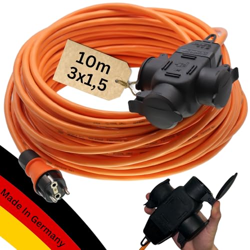 maxgo Verlängerungskabel 10m Außen 3-Fach Verteiler H07BQ-F 3x1,5 Panzerleitung Stromkabel Außenbereich Schuko Verlängerung 10 Meter Outdoor Verlängerung Kabel Mehrfachstecker Multisteckdose