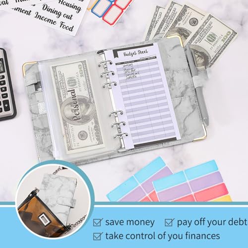 LiangYuanZen Binder Budget Notizbuch A6, 6 Löcher Budget mit Binder Taschen Budgetblätter, Etikettenaufklebern, Weiches Lineal Ringbuchordner,Geldplaner, Cash Stuffing. (black)