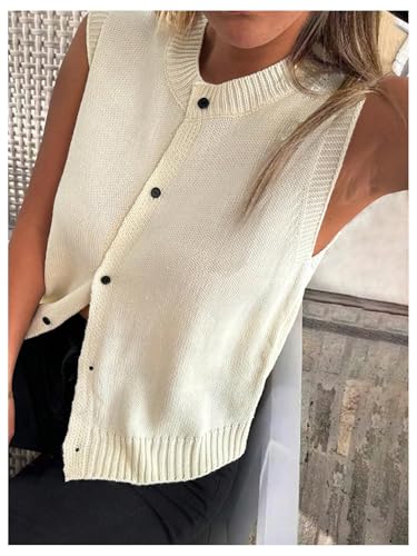 Image of SweatyRocks Women's Button Up Sweater Vest Crew Neck Sleeveless Knit Vest Tops Beige Small